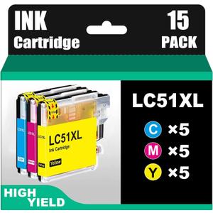 Compatible Ink Cartridge Replacement for Brother LC51 LC-51 LC51C LC51M LC51Y LC51cl Color Work with MFC-845CW 885CW 240C 3360C 440CN 465CN 665CW 685CW(5 Cyan, 5 Magenta, 5 Yellow, 15-Pack)