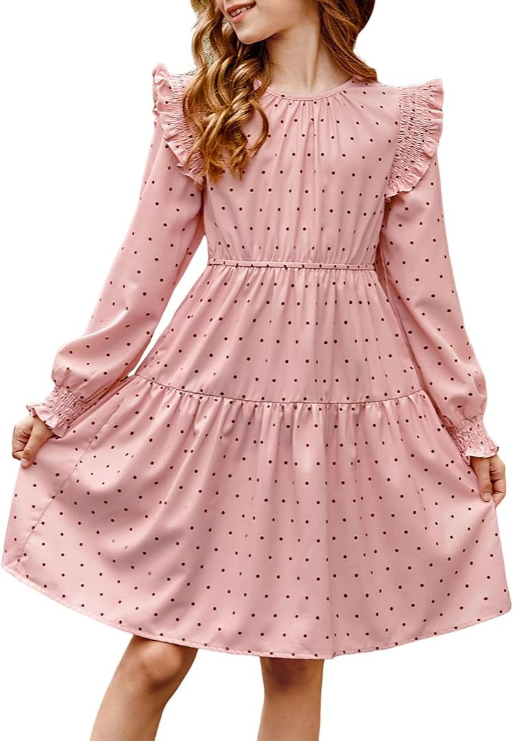 DOKOTOO KIDS Girls Vintage Puff Long Sleeve Ruffle Dresses with Two Side Pockets for 6-13 Years, Fall/Spring/Summer (Pink, XL)