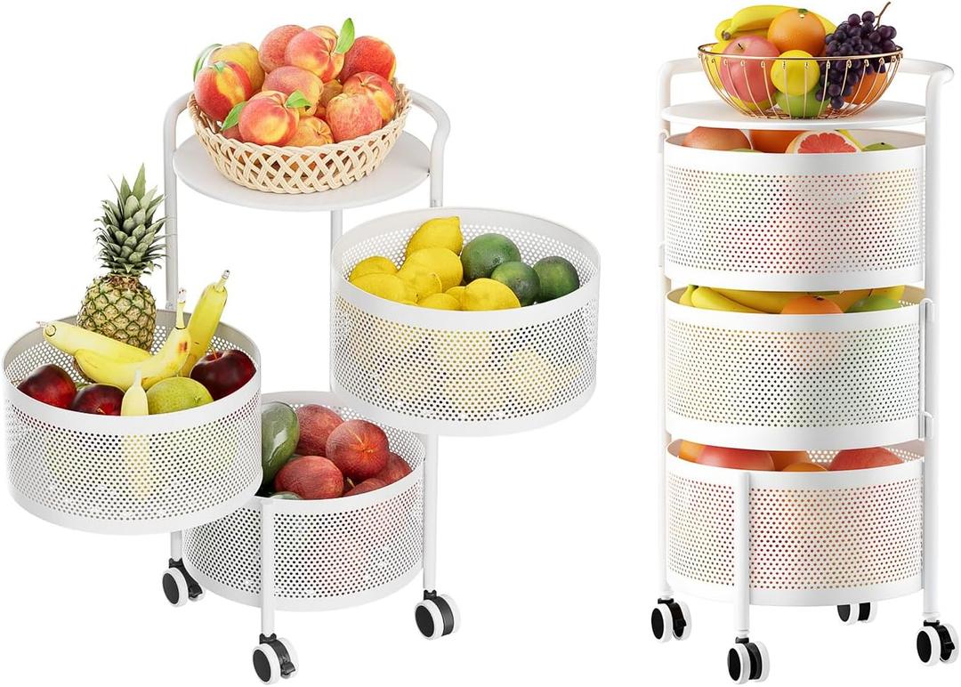 JAQ No Assembly Integrated Rotating Storage Cart, 3-Tier Rolling Storage Cart with Wheels, Solid Carbon Steel Onion Potato Storage, Kitchen Storage Cart, Vegetable Storage Cart, White