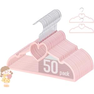 GOSCHE Kids Velvet Hangers (12.8 Inch - Pack of 50), Non-Slip Baby Clothes Hangers for Closet, Ultra Slim Space Saving Childrens Hangers, 360Degree Swivel-Hook, Infant/Toddler Hangers, Dark Pink
