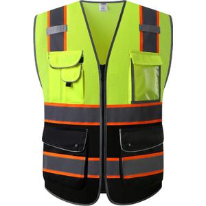 JKSafety 9 Pockets Class 2 High Visibility Dual Color Zipper Front MESH Lite Safety Vest | Orange Color Triming Reflective Strip | ANSI/ISEA Standards (100-Yellow-Black, M)