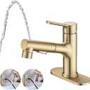 Bathroom Sink Faucet with Pull Out Sprayer, Single Handle Modern Bathroom Basin Faucet with Pop-up Sink Drain Stopper & Deck Plate 1 or 4-inch Centerset 3 Hole, Gold