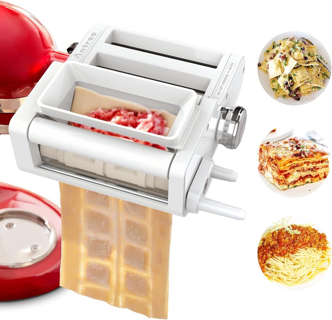 ANTREE 3-IN-1 Pasta Attachment & Ravioli Attachment for KitchenAid Stand Mixers, Pasta Maker accessories included Pasta Sheet Roller, Spaghetti Cutter and Ravioli Maker Attachment (White/Silver)
