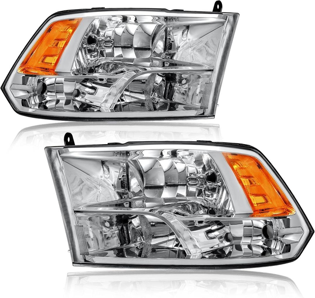 Headlights for Dodge Ram 1500 2500 3500 4500 5500 (Only Factory Quad Style Halogen) Headlamp Amber Reflector Chrome Housing 2009-2018 Front Lights