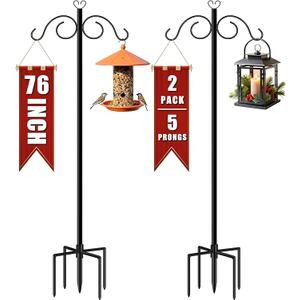 Double Shepherds Hooks for Outdoor Heavy Duty, 2 Pack 76 Inch Bird Feeder Pole with 5 Prongs Base, Adjustable Tall Shepherds Hook for Garden Hooks for Hanging Plants Flower Basket, Lantern