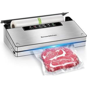 Bonsenkitchen Vacuum Sealer Machine, Powerful Stainless Steel Food Sealer with 5 Modes, Built-in Cutter & Bag Storage, Globefish Technology for High-Speed Continuous Working, Include 1 Bag Roll