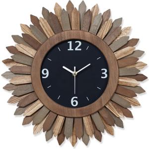 Honiway 16 Inch Wall Clocks, Rustic Wood Boho Sunburst Decorative Wall Clock Battery Operated Silent Non Ticking Farmhouse Large Wall Clocks for Living Room Kitchen Bedroom Home Decor (Tricolor)