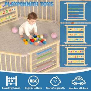 Foldable Wooden Baby Playpen With Gate, Wood Baby Play Pen Play Yard With Educational Abacus, Alphabet Board, Shape Color Board & Child Proof Lock, Wood Playpen For Babies And Toddlers 575723 inch