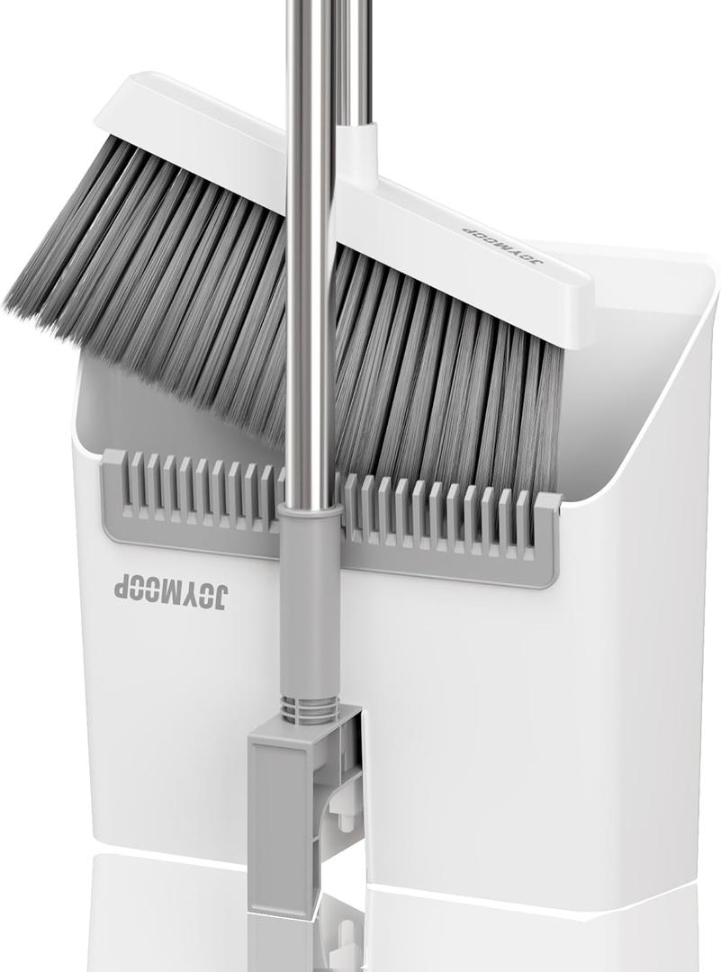 JOYMOOP White Broom and Dustpan Set, Upright Angle Design with Built-in Comb Teeth for Kitchen, Office, Pet Hair, Hard Floors