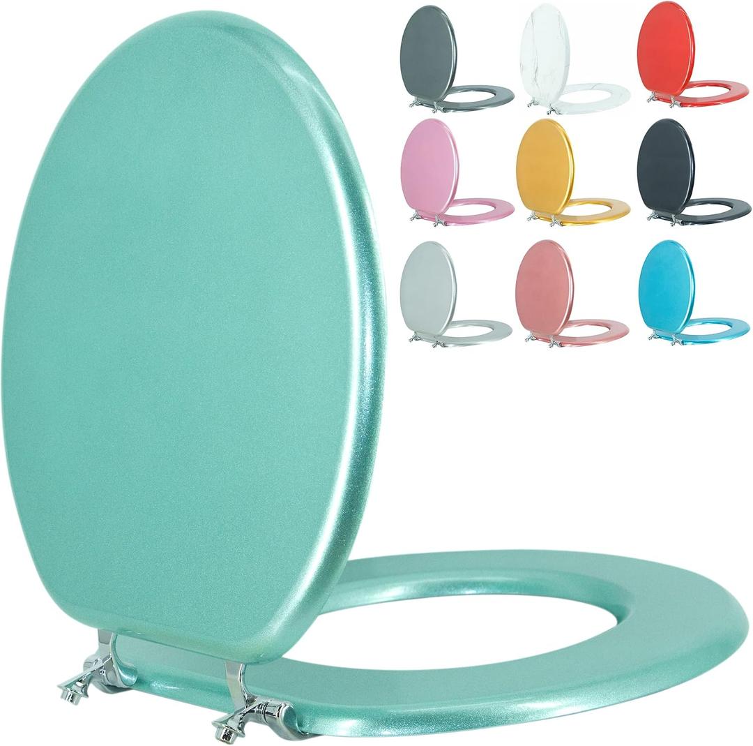 Round Toilet Seat Wood Toilet Seat Prevent Shifting with Zinc Alloy Hinges American Standard Size Toilet Seat Easy to Install also Easy to Clean(Round,Sparkling Turquoise)
