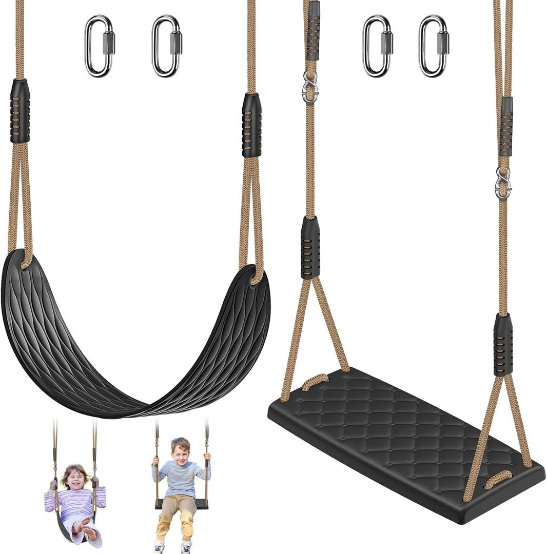 SELEWARE Heavy Duty Swing Seats for Kids & Adults, Non‑Slip Flat Plastic & U‑Style EVA Tree Swing Seat Replacement with Adjustable Ropes, Outdoor Playground Swingset Accessories, Black
