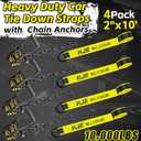 KJE 4 Pack Reflective Car Tie Down Straps for Trailers - Tire Ratchet Strap with Chain Anchors - 2" x 10' 10,000LBS Break Strength - Lasso Style Wheel Straps for Hauling UTV, SUV, Truck, Any Cars