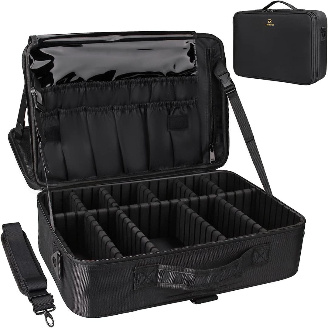 Relavel Makeup Case Large Makeup Bag Professional Train Case 16.5 inches Travel Cosmetic Organizer Brush Holder Waterproof Makeup Artist Storage Box, 3 Layer Large Capacity, with Adjustable Strap (Black)
