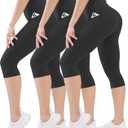 FEYHAY 3 Pack Capri Leggings for Women - High Waisted Yoga Pants with Pockets, Buttery Soft Stretchy Workout Running Cycling (Small-Medium, 04black/Black/Black)