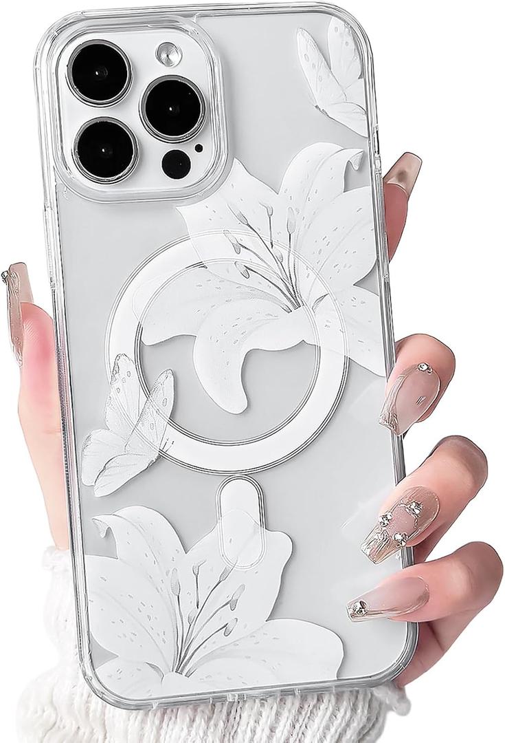 4 x NITITOP Compatible with iPhone 14 Pro Max Case Clear Magnetic Compatible with MagSafe Cute Lily Flowers Floral for Women Girls Hard PC Back Shockproof Protective Phone Cover - White