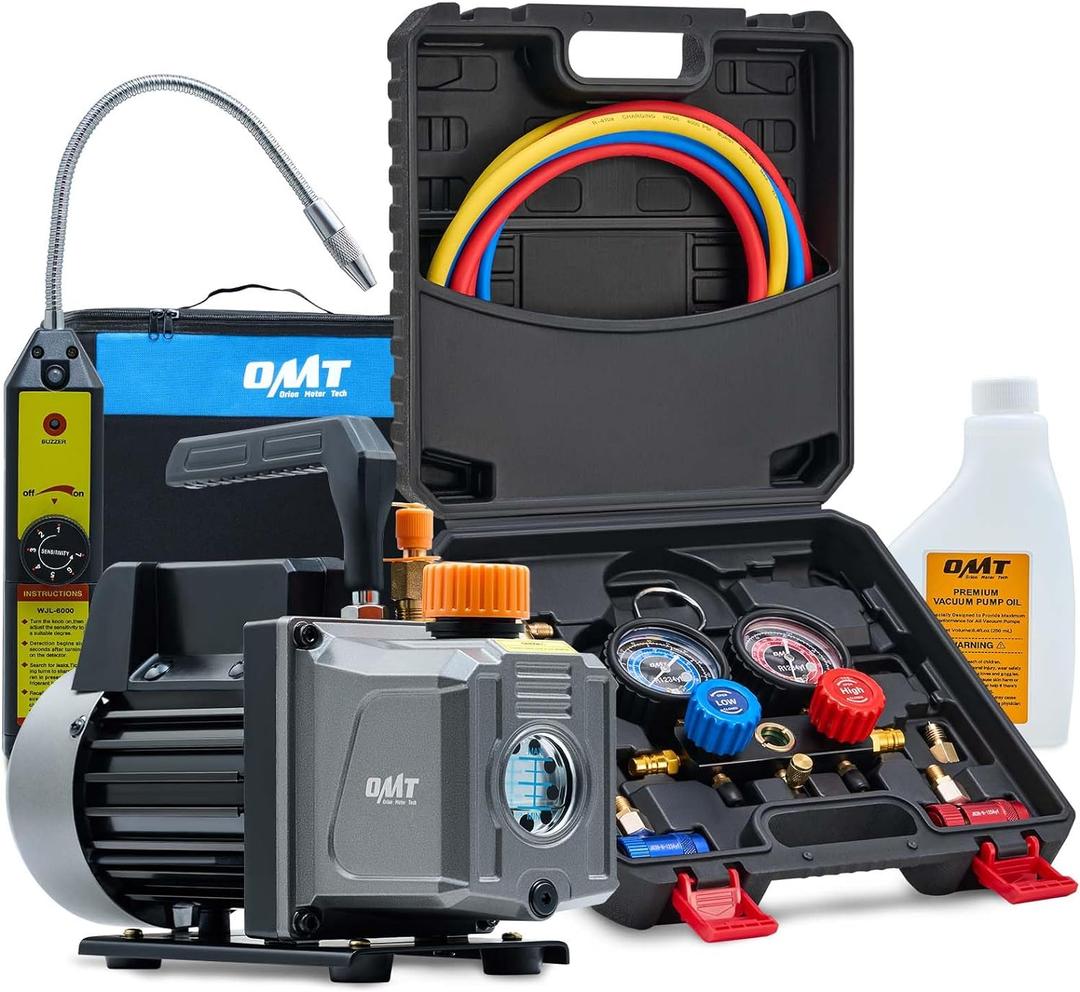 Orion Motor Tech R1234yf AC Vacuum Pump and Gauge Set, 1/3 hp 4 cfm Vacuum Pump Manifold Gauge Kit with Leak Detector 3 Hoses & Adapter for R1234yf, A/C Vacuum Pump Kit for Auto HVAC Systems