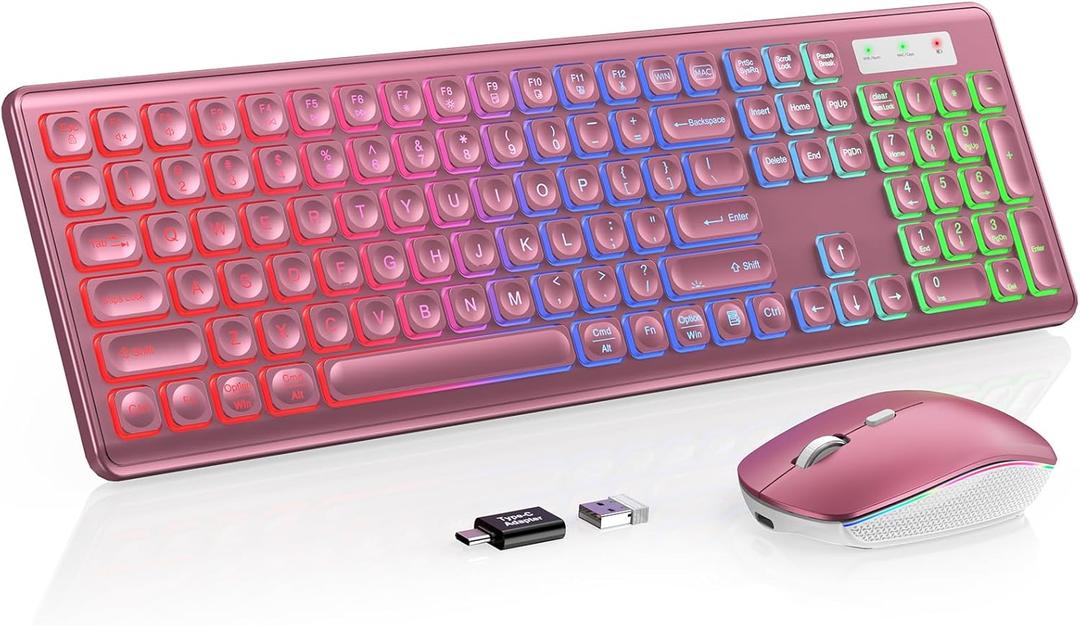 Wireless Keyboard and Mouse Combo, RGB Backlit, Rechargeable & Light Up Letters, Full-Size, Soft Typing, Sleep Mode, 2.4GHz Quiet Keyboard Set for Mac, Windows, Laptop, PC, Trueque (Wine Red)