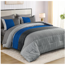 Anibedding King Size Blue Comforter Set 7 Pieces, Blue and Gray Patchwork Striped Bed in a Bag with Sheet Pillowcase for King Bed All Season