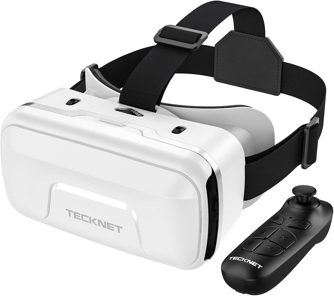 TECKNET VR Headset for Phone with Controller, Virtual Reality Headsets with HD 110FOV Anti-Blue Light Lenses & Adjustable Gears, 3D VR Headset for Kids Compatible iPhone Samsung Android 4.7-7.2" (White)