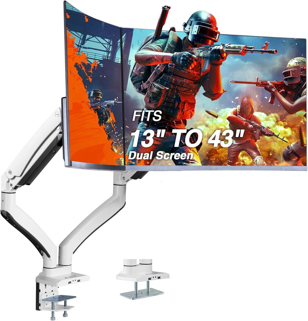 AVLT Dual 13"-43" Monitor Arm - Desk Mount for Two Flat/Curved Monitors - Full Motion Height Swivel Tilt Rotation Adjustable - White/VESA/C-Clamp/Grommet/Cable Management (White-Mount)