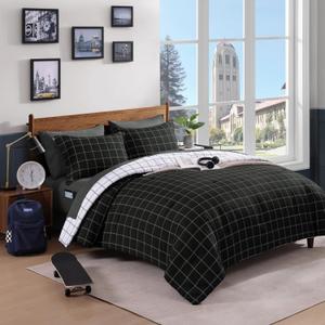 AMBERSPACE Plaid Full Comforter Set Black, Reversible Checkered Bedding Set 7 Pieces for Boys Girls Teen, Lightweight Bed in a Bag for Dorm with Sheets, Pillowcases & Shams