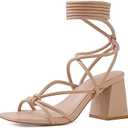 Shoe'N Tale Lace Up Heels for Women Ankle Strappy Gladiator High Heeled Sandals Chunky Block Heel Square Open Toe Criss Cross Dress Shoes Size 8