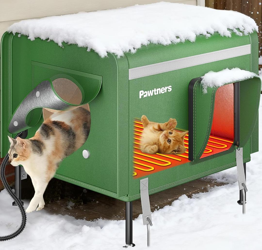 Pawtners Heated Outdoor Cat House for Outside Cats, 19'' Large Insulated Weatherproof Cat Shelter with Heated Pad, Elevated Feet & Escape Door, Warm Kitty House for Feral or Stray Cats in Winter (Green)