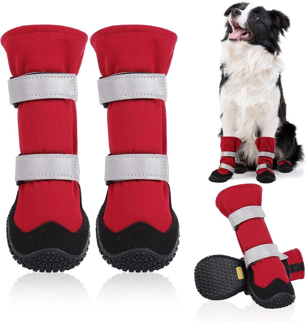 Dog Boots with Fleece Lining, Waterproof Dog Shoes for Medium and Large Dogs - Reflective, Non Slip, 2PCS Outdoor Snow Dogs Boots & Paw Protectors for Winter (Red, 6)