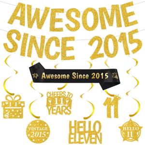 Happy 11th Birthday Decorations Banner - Pre-Strung Awesome Since 2015 Bday and Anniversary Decoration Set for Boys Girls, 11 Years Old Gold Glitter Party Supplies with Banners Hanging Swirls Sash