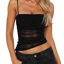 Mizoci Women's Sexy Spaghetti Straps Mesh Asymmetrical Ruched Sleeveless Going Out Camisole Crop Top,Small,Black