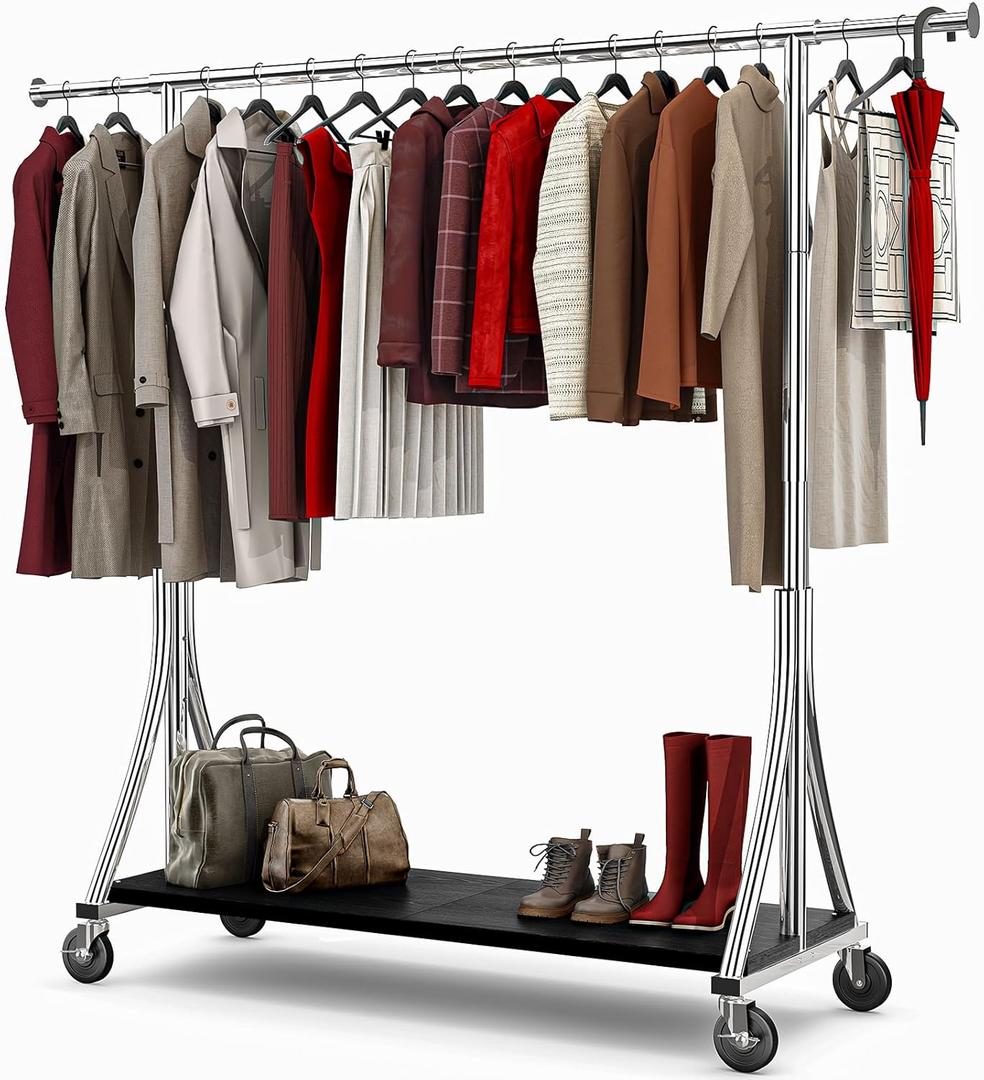 MAXLEAD Clothes Rack, Clothing Rack with Wood Shelves 500 LBS Heavy Duty Garment Rack for Hanging Clothes Portable Closet Sturdy Coat Rack for Bedroom, Living Room, Laundry, Balcony, Silver