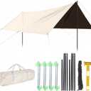 Waterproof Camping Tarp Hammock Rain Fly -9.8×9.8ft with 2 Poles, Mutifunctional Tent UV Protection & Lightweight Tarp, for Camping, Outdoor, Traveling, Hiking (Quadrilateral, Khaki), 3x3m