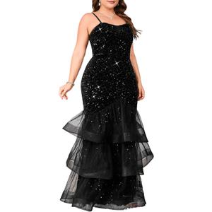 Women Sexy Sleeveless Sequin Mesh Patchwork Maxi Dress Red Plus Size Sling Cocktail Party Formal Gowns (Large, Black)