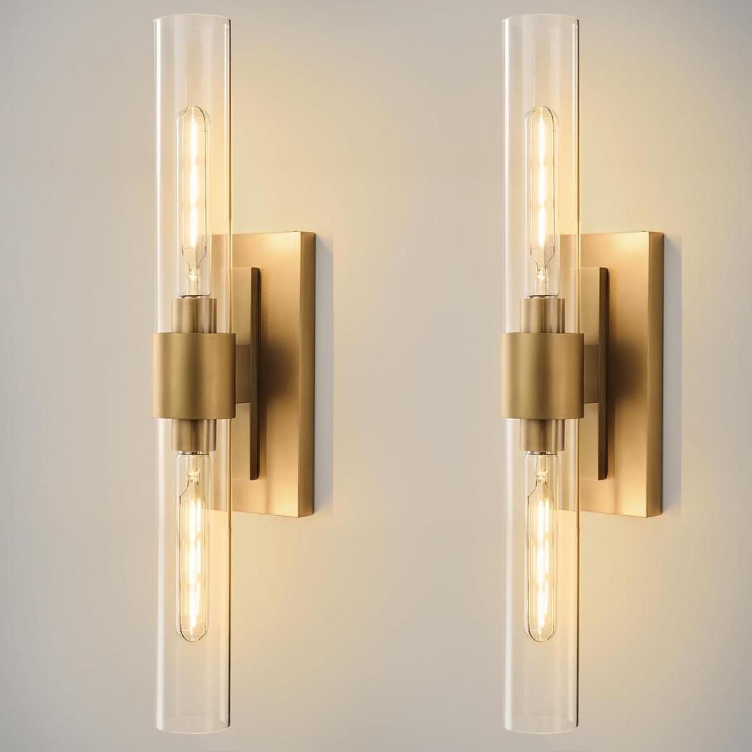 Champagne Brass Bathroom Wall Sconce - Set of 2 Modern Gold Light Sconces - Clear Glass Tube Vanity Lights - Vertical or Horizontal Mounted Dimmable Lighting Fixtures for Indoor Living Room Hallway