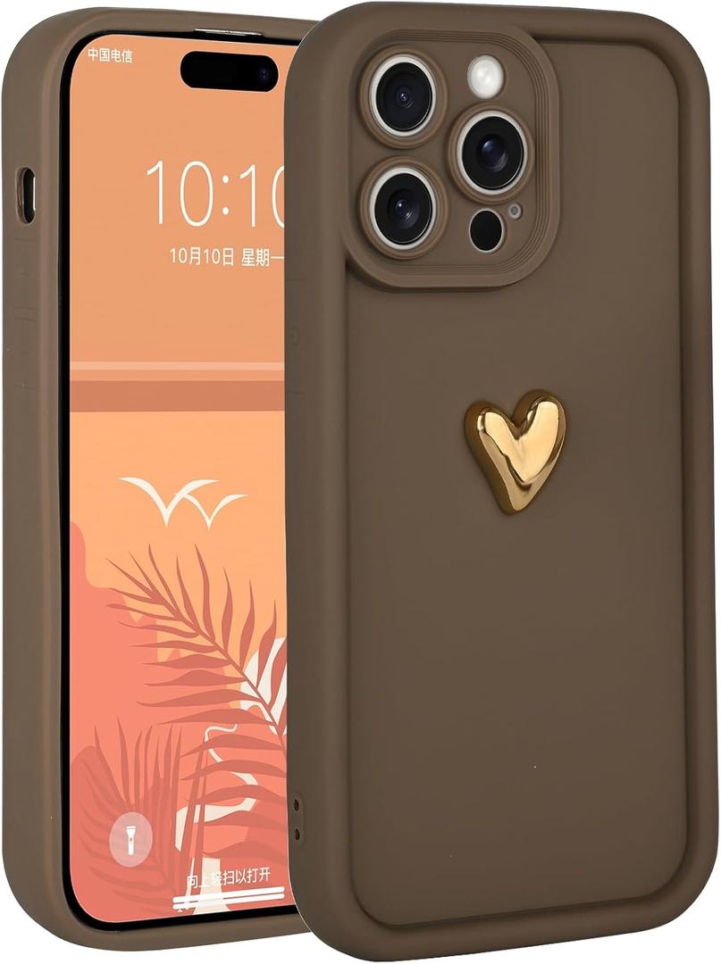 Cases for iPhone 15 Pro Max Cute 3D Golden Heart Design Soft Shockproof Slim Protective Silicone Phone Cover for Women Girls Brown