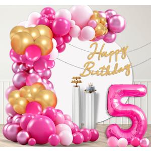 2 x Pink Birthday Balloon Arch Garland Kit - Hot Pink Gold Metallic Pink Balloons Happy Birthday Banner Party Decorations for Girl Princess(5 Years Old)