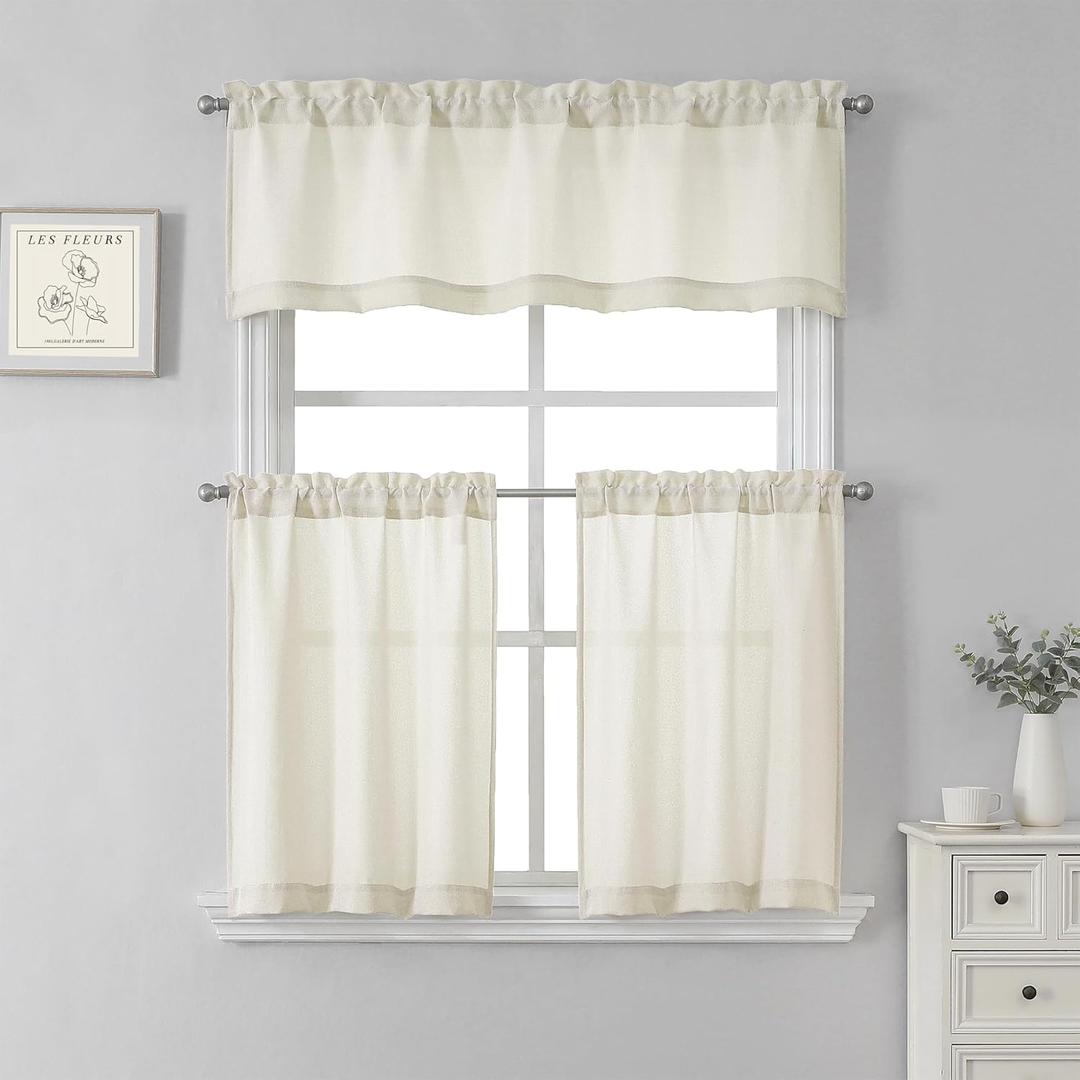 SeeGlee 3 Pieces Set,24" Length Kitchen Curtains and 15" Length Valance Set Tiers- Cream Beige Linen Light Filtering Semi Sheer Small Cafe Rod Pocket Curtains for Short Window