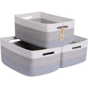MiniArk Large Storage Baskets for Shelves, Closet Organizers Bins for Clothes Blanket Towels, Baby Nursery, Toy Baskets Box, Woven Rope Baskets, 17 x 13 x 7.5, 3 Packs Gradient Grey