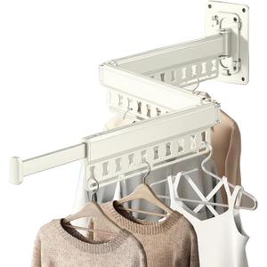 Clothes Drying Rack Wall-Mounted, 3-Fold Retractable Clothes Hanger with Windproof Holes & Detachable Design, Sturdy Foldable Laundry Rack for Balcony, Bathroom Use (Cream White) (49.21"D x 3.54"W x 5.51"H)