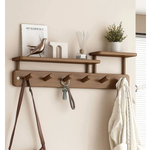 supbambgo 24'' wall mounted coat hooks with dual shelves, 6 pegs coat hanger, entryway organizer with wall hooks for coats, hats, keys, and bags, bamboo