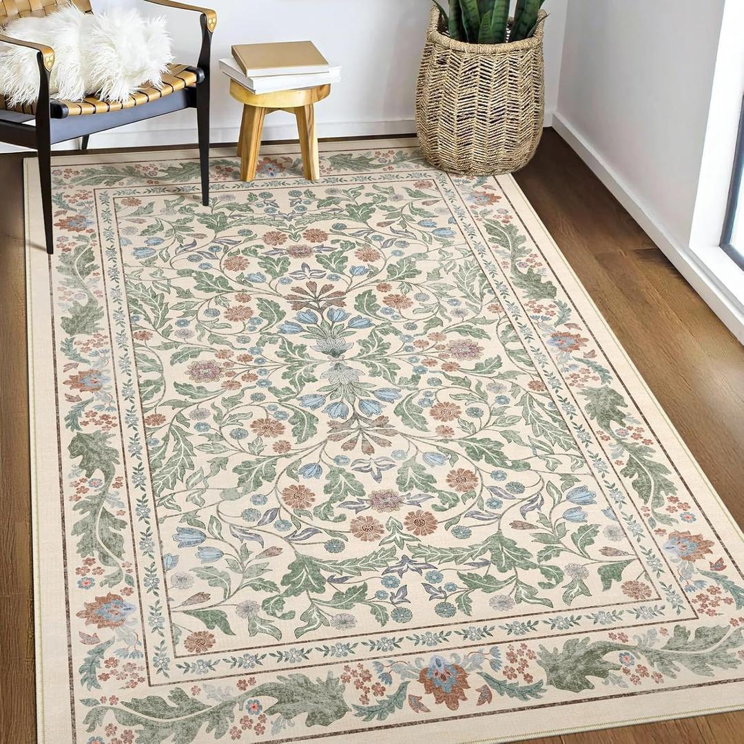 3x5 Washable Area Rug Floral Beige Entryway Small Rug Vintage Forest Low Pile Non Slip Stain Resistance Soft Carpet for Kitchen, Bedroom Beside, Laundry Room, Office Rug, Kids Room, Nursery Room