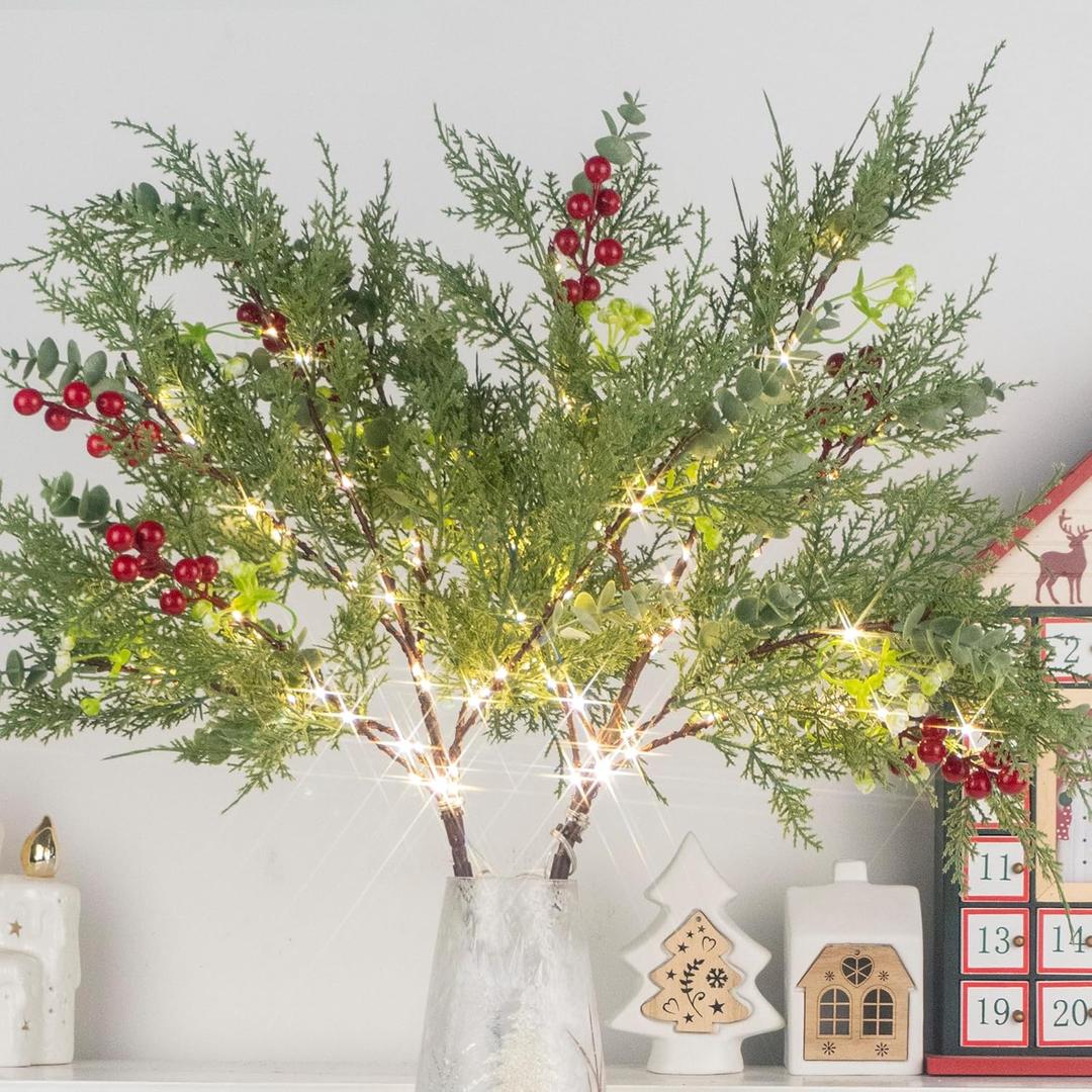 Lighted Artificial Pine Branches for Vases, 28" Christmas Cypress Sprigs with 60 LED Lights, Battery Operated or USB Plug in, Indoor/Outdoor Holiday Decorations (2PCS)
