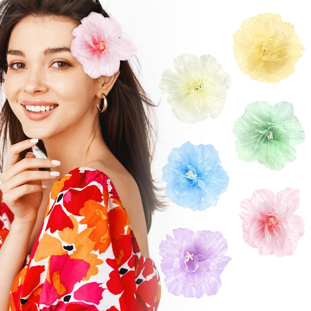 6Pcs Hawaiian Flower Hair Clips For Women,Artificial Tropical Flower Hair Pin, Hawaii Party Wedding Decorations For Summer Beach Vacation Hair Styling Designs (3.5IN)