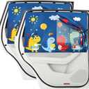 Car Window Shade for Baby, 2 Pack Magnetic Double Layer Cute Dinosaurs Car Sun Shade Side Window, Adjustable Privacy Blackout/See-Through Window Curtains for Baby Kids UV Protection (Blue Rear)