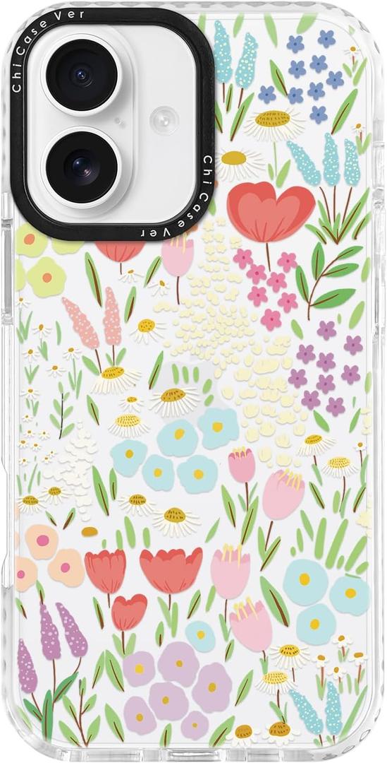 for iPhone 16 Case Colorful Floral Meadow Pattern with Tulips