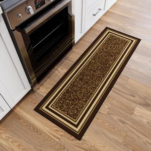 Ottomanson Kitchen Runner Rug 20" x 53" Non Slip Rubber Backed Kitchen Rug Runner for Sink Area, Laundry Room, Entryway, Low Pile Indoor Floor Runner, Border Brown