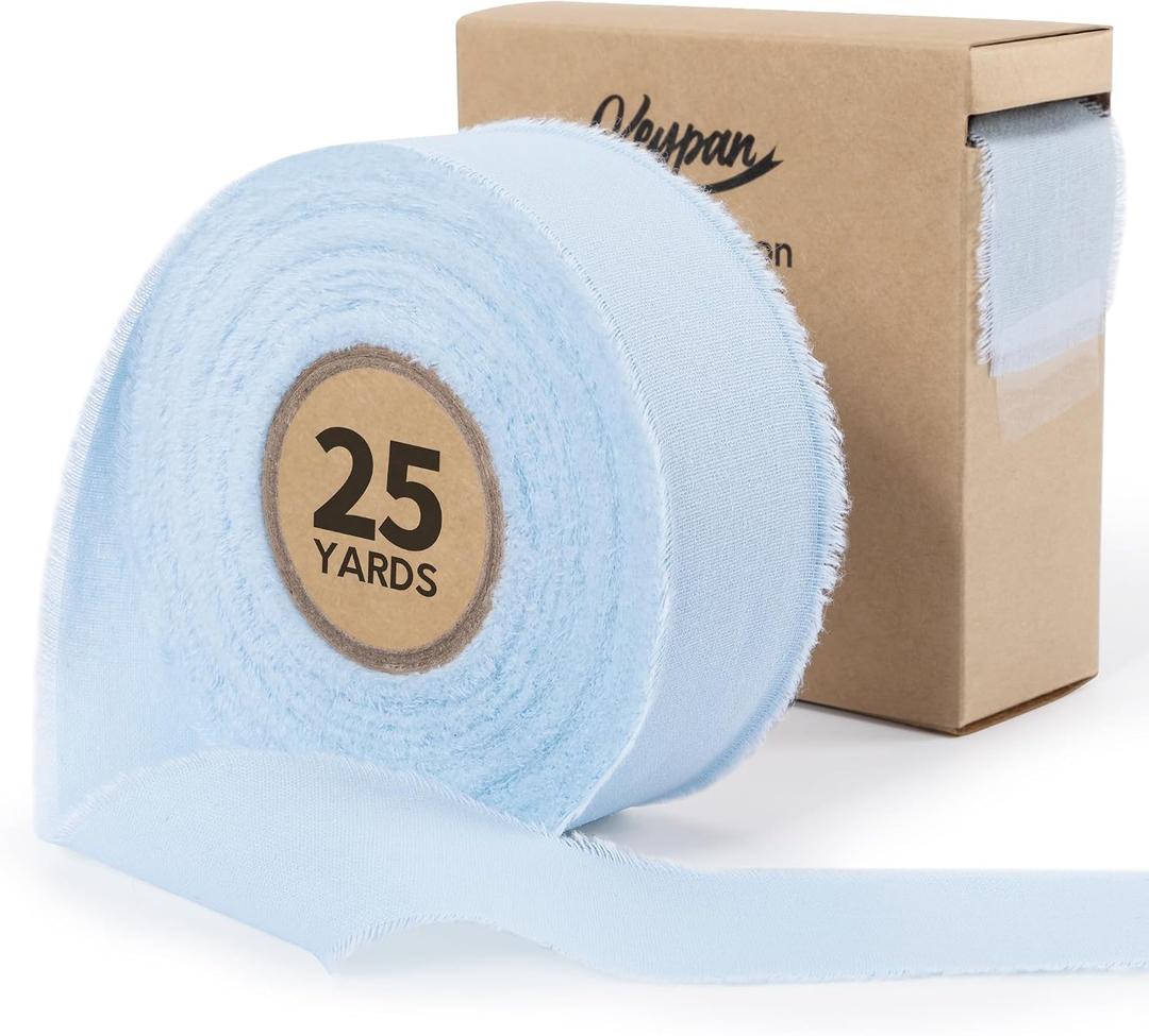 Keypan Blue Ribbon 1-1/2 Inch Handmade Cotton Frayed Fringe Fabric Ribbons for Crafts Flower Bouquets Wedding Home DIY Decor Baby Shower, 25 Yards