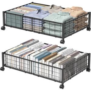 Under Bed Storage with Wheels, 360 Rotating, No-Assembly Underbed Storage Containers, 2PACK (Black)