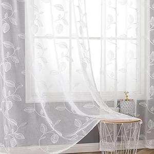BGment White Sheer Curtains 84 Inches Long 2 Panels - Embroidered Leaf Pattern Semi Sheer Curtains Light Filtering Grommet Window Drapes for Living Room, Each Panel 52 x 84 Inch