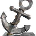 Anchor Sculpture Coastal Decor Nautical Boat Statue Art Ship Theme Retro Style Home Office Desktop Shelf Decoration Crafts Resin Ornament (Silver)